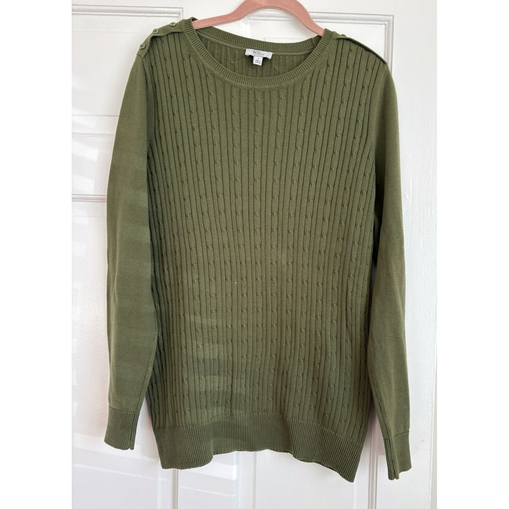 Kim Rogers Womens Olive Green Cotton Cable Knit Shoulder Button Sweater L